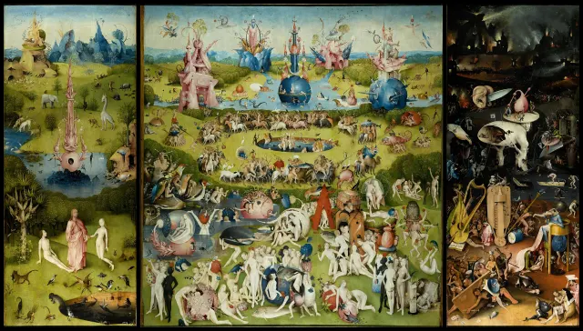 Un triptyque peint : &agrave; gauche un jardin vert o&ugrave; Adam et &Egrave;ve se tiennent devant une fontaine rose, entour&eacute;s d'animaux ; au centre un panneau plus large, une foule de corps nus dans un paysage de bassins, de fruits g&eacute;ants et de constructions roses et bleues ; &agrave; droite un enfer nocturne o&ugrave; br&ucirc;lent des villes, avec des instruments de musique chang&eacute;s en instruments de supplice.