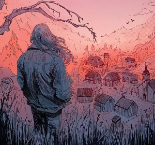 Illustration au trait dans des roses et des bleus : une jeune fille aux longs cheveux, vue de dos dans les hautes herbes, regarde un village de maisons de bois et un clocher en contrebas, au coucher du soleil.