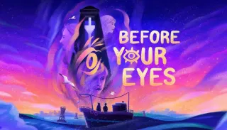 Un ciel de nuit rose et violet au-dessus d'une barque ; dans la silhouette renvers&eacute;e d'un phare se superposent des visages et un &oelig;il dor&eacute;.