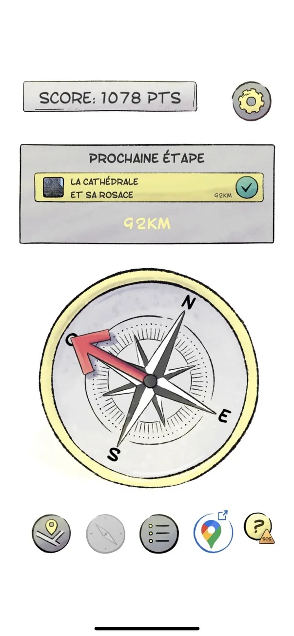 &Eacute;cran de menu : &laquo; Score : 1078 pts &raquo;, puis un encadr&eacute; &laquo; Prochaine &eacute;tape &mdash; La cath&eacute;drale et sa rosace &raquo; suivi de la mention &laquo; 92 km &raquo; r&eacute;p&eacute;t&eacute;e en gros. En dessous, une grande boussole dessin&eacute;e dont la fl&egrave;che rouge pointe vers l'ouest.