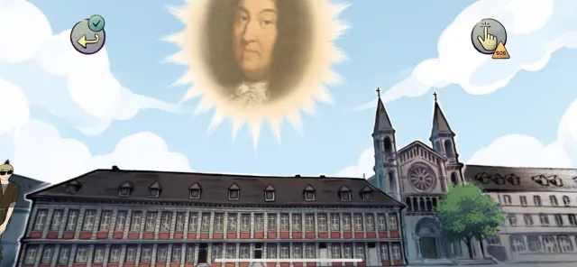 Case en &eacute;cran large : sur un ciel de nuages dessin&eacute;s, le portrait peint de Louis XIV flotte dans un halo dor&eacute; au-dessus d'une photographie d&eacute;tour&eacute;e de la Grand-Place de Tournai &mdash; un long b&acirc;timent classique &agrave; gauche, l'&eacute;glise Saint-Quentin &agrave; droite. En bas &agrave; gauche, un personnage dessin&eacute; en imperm&eacute;able et lunettes noires.