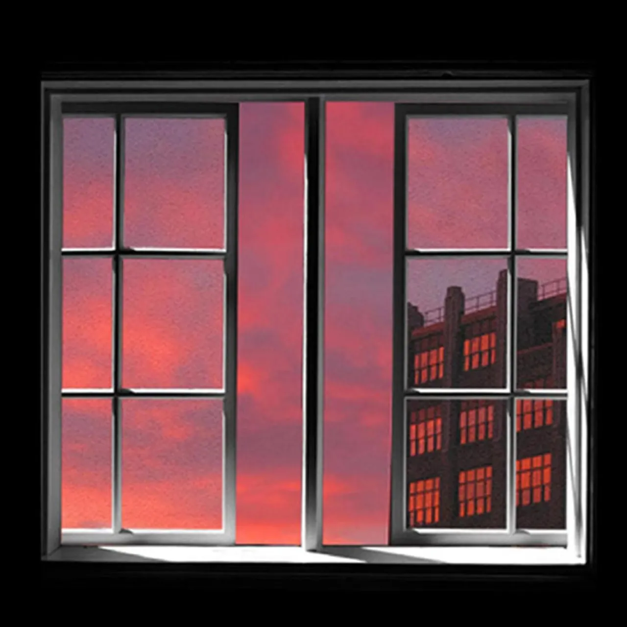 Image d'ouverture : une fen&ecirc;tre &agrave; petits carreaux ouverte sur un ciel de cr&eacute;puscule rose, avec la silhouette sombre d'une tour d'habitation aux fen&ecirc;tres allum&eacute;es
