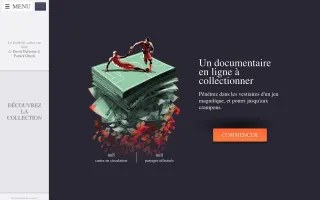 &Eacute;cran d'accueil : une pile de cartes &agrave; collectionner vue en perspective, deux footballeurs en d&eacute;coupe se disputant le ballon au sommet, &agrave; c&ocirc;t&eacute; du texte &laquo; un documentaire en ligne &agrave; collectionner &raquo; et d'un bouton commencer