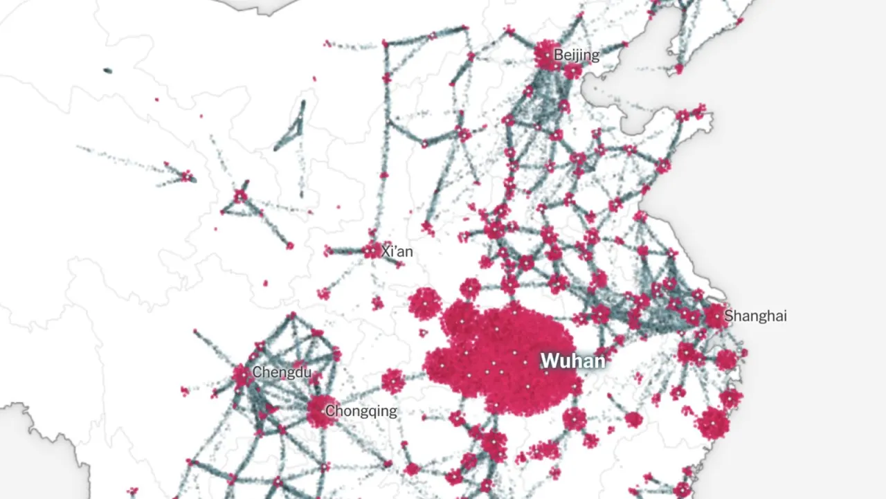 Carte de la Chine sur fond blanc : des milliers de points rouges s'agglutinent autour de Wuhan et se dispersent le long des lignes de trafic vers P&eacute;kin, Shanghai et Chongqing