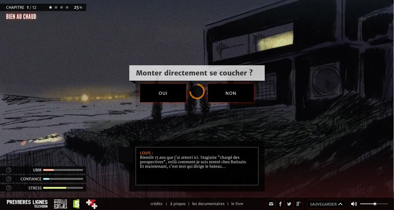 Capture du webdocumentaire : une villa dessin&eacute;e au trait, la nuit ; au centre, la question &laquo; Monter directement se coucher ? &raquo; avec deux boutons OUI et NON et un compte &agrave; rebours circulaire ; en bas &agrave; gauche, trois jauges nomm&eacute;es UBM, confiance et stress