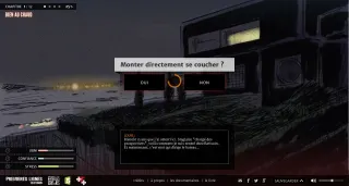 Capture du webdocumentaire : une villa dessin&eacute;e au trait, la nuit ; au centre, la question &laquo; Monter directement se coucher ? &raquo; avec deux boutons OUI et NON et un compte &agrave; rebours circulaire ; en bas &agrave; gauche, trois jauges nomm&eacute;es UBM, confiance et stress