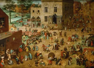 Une place de village peinte &agrave; vue plongeante, enti&egrave;rement occup&eacute;e par des enfants. Chacun est pris dans un jeu diff&eacute;rent : cerceau, toupie, &eacute;chasses, saute-mouton, colin-maillard, poup&eacute;es, pyramide humaine, tonneau qu'on roule. Aucun groupe n'est plus grand ni plus au centre que les autres, et aucun adulte ne surveille.