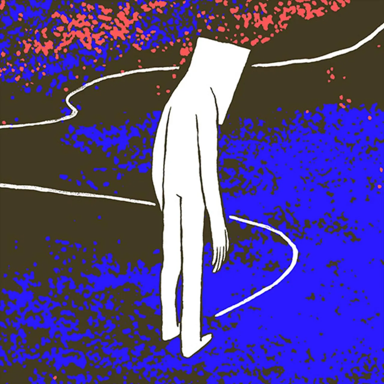 Illustration : une silhouette humaine blanche, sans visage, marche &agrave; travers un paysage aplati de bleu vif et de brun o&ugrave; serpentent des chemins blancs