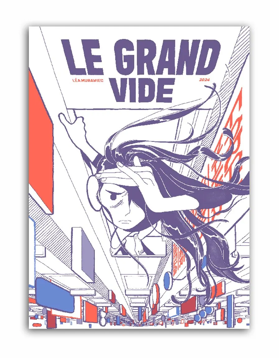 La couverture : une jeune femme aux longs cheveux, dessin&eacute;e en violet et rouge, chute la t&ecirc;te en bas dans une rue verticale satur&eacute;e d'enseignes.