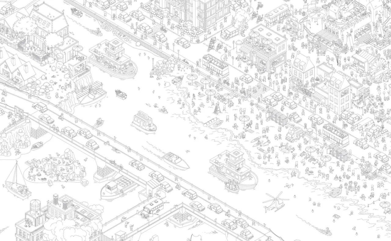 D&eacute;tail du plan de ville dessin&eacute; au trait noir sur blanc : un canal travers&eacute; de ponts, des p&eacute;niches, des files de voitures, une plage, et des centaines de personnages minuscules occup&eacute;s &agrave; leurs affaires