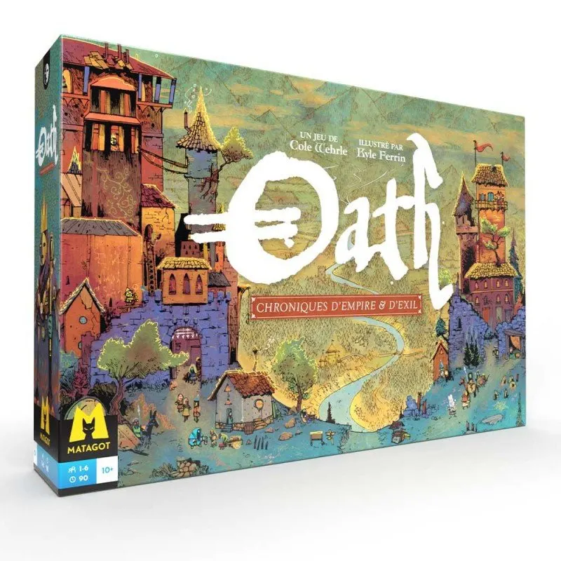 La bo&icirc;te du jeu, debout : une ville fantastique dessin&eacute;e en coupe, tours pench&eacute;es et maisons color&eacute;es de part et d'autre d'une rivi&egrave;re, sous le sous-titre &laquo; Chroniques d'Empire & d'Exil &raquo;.