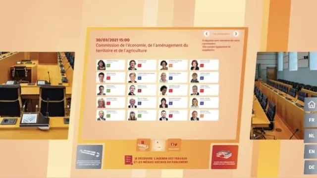 &Eacute;cran de l'agenda. Un panneau central annonce &laquo; 30/03/2021 15:00 &mdash; Commission de l'&eacute;conomie, de l'am&eacute;nagement du territoire et de l'agriculture &raquo;, suivi d'une grille de vingt portraits de d&eacute;put&eacute;s avec leur nom et une pastille de couleur. Un texte &agrave; droite pr&eacute;cise le nombre de membres et de suppl&eacute;ants. De part et d'autre, des photographies des salles de commission.