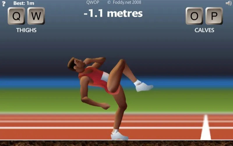 Capture du jeu : le sprinteur s'effondre en arri&egrave;re sur la piste, jambes repli&eacute;es ; en haut, le compteur affiche &laquo; -1,1 metres &raquo;, les touches Q et W sont &eacute;tiquet&eacute;es &laquo; thighs &raquo; et les touches O et P &laquo; calves &raquo;