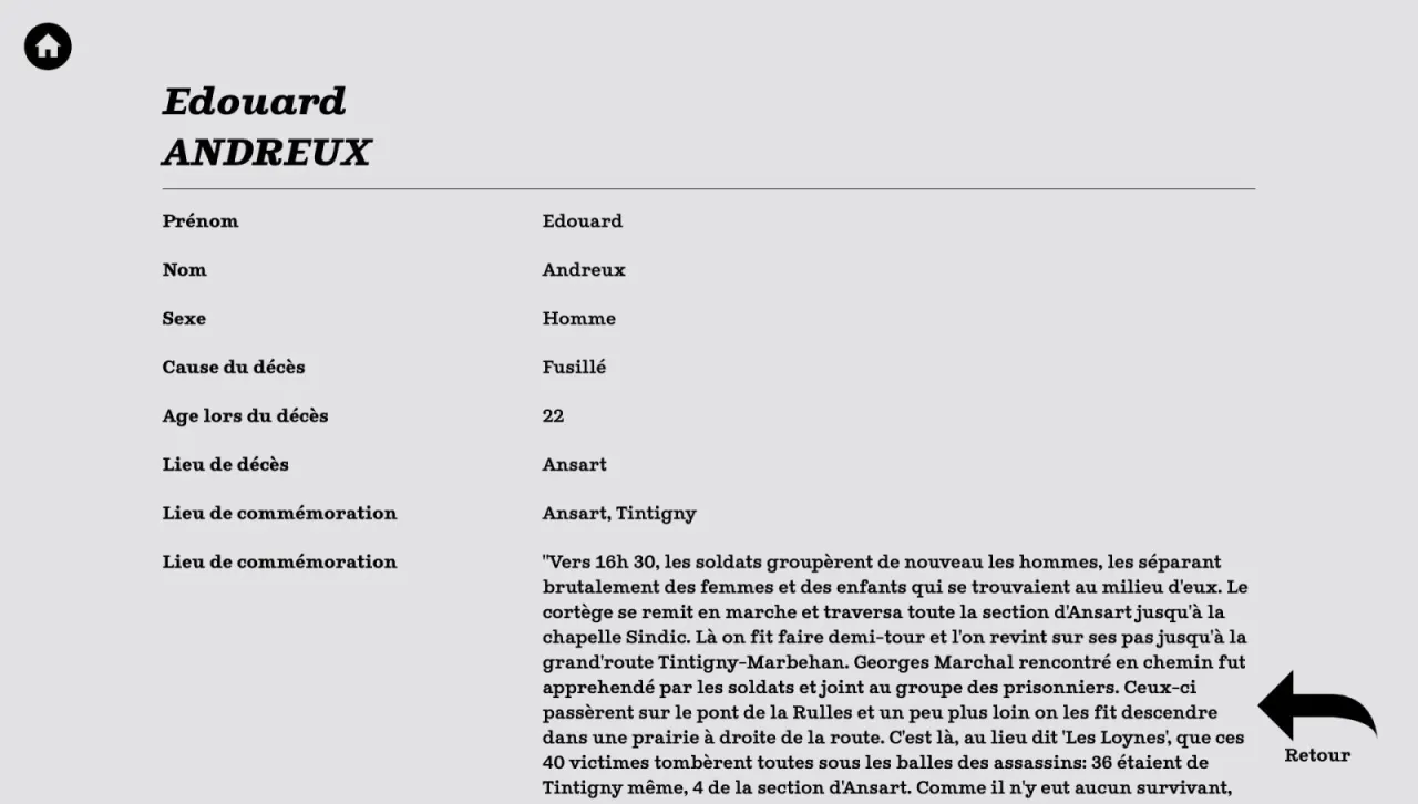Fiche individuelle sur fond gris clair, titr&eacute;e &laquo; Edouard ANDREUX &raquo; en gras italique. Une liste d'intitul&eacute;s et de valeurs : Pr&eacute;nom, Edouard ; Nom, Andreux ; Sexe, Homme ; Cause du d&eacute;c&egrave;s, Fusill&eacute; ; Age lors du d&eacute;c&egrave;s, 22 ; Lieu de d&eacute;c&egrave;s, Ansart ; Lieu de comm&eacute;moration, Ansart, Tintigny. Puis un long paragraphe de t&eacute;moignage d&eacute;crivant le rassemblement des prisonniers et leur ex&eacute;cution dans une prairie. En haut &agrave; gauche, une ic&ocirc;ne de maison ; en bas &agrave; droite, une fl&egrave;che noire au-dessus du mot &laquo; Retour &raquo;.