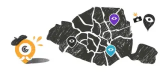 Illustration de l'application : le plan de Paris d&eacute;coup&eacute; en arrondissements, sur lequel des &eacute;pingles en forme d'&oelig;il marquent les lieux de tournage ; une &eacute;pingle orange signale la position du promeneur