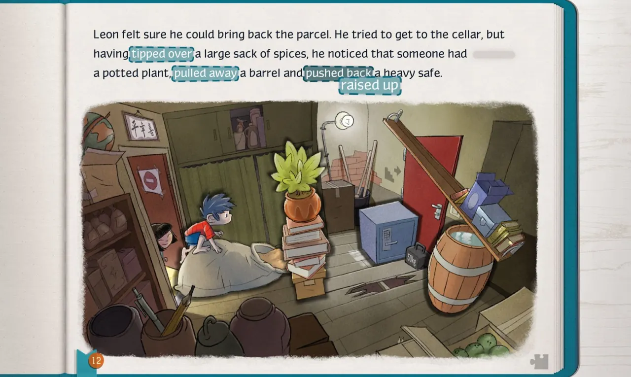 Page de l'album sur tablette : sous un paragraphe de texte o&ugrave; quatre groupes de mots sont surlign&eacute;s en bleu et d&eacute;pla&ccedil;ables, une illustration montre un gar&ccedil;on dans une cave encombr&eacute;e de sacs, de tonneaux et d'un coffre-fort