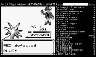Capture du flux : &agrave; gauche, l'&eacute;cran de Pok&eacute;mon Rouge affiche &laquo; Red defeated Blue! &raquo; ; en haut, le compteur &laquo; 16d 7h 45m 33s &raquo; et la jauge anarchie-d&eacute;mocratie ; &agrave; droite, la colonne du tchat o&ugrave; chaque pseudonyme est suivi d'une touche, a, b ou une fl&egrave;che