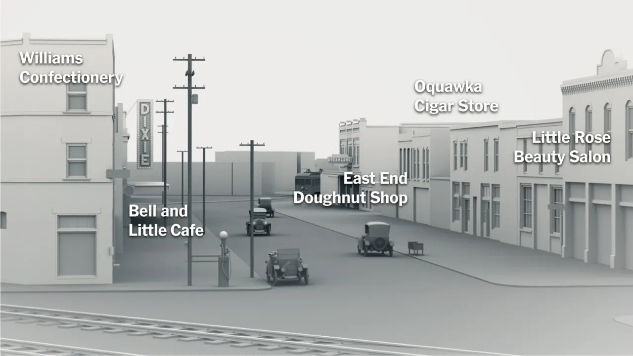 Reconstruction en trois dimensions, tout en gris, d'une rue commer&ccedil;ante de Greenwood en 1921 : devantures et voitures d'&eacute;poque, chaque commerce nomm&eacute; par une &eacute;tiquette &mdash; Williams Confectionery, East End Doughnut Shop, Little Rose Beauty Salon