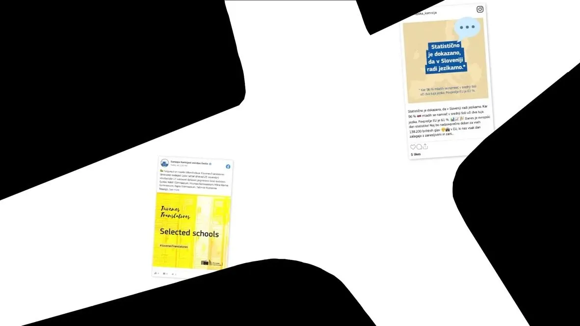 D&eacute;tail du mur social, cadr&eacute; sur deux publications pos&eacute;es de biais sur un fond blanc et noir d&eacute;coup&eacute; en angles. &Agrave; droite, une publication Instagram en slov&egrave;ne titr&eacute;e &laquo; Statistično je dokazano, da v Sloveniji radi jezikamo &raquo;, avec cinq mentions J'aime. &Agrave; gauche, une publication Facebook de la Commission europ&eacute;enne en Estonie, illustr&eacute;e d'une affiche jaune &laquo; Juvenes Translatores &mdash; Selected schools &raquo;.