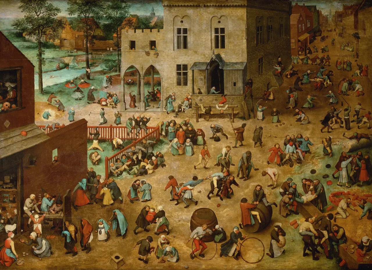 Une place de village peinte &agrave; vue plongeante, enti&egrave;rement occup&eacute;e par des enfants. Ils sont plus de deux cents, jusqu'au fond de la rue. Chacun est pris dans un jeu diff&eacute;rent : cerceau, toupie, &eacute;chasses, saute-mouton, colin-maillard, poup&eacute;es, pyramide humaine, tonneau qu'on roule, b&acirc;tons, osselets. Aucun groupe n'est plus grand ni plus au centre que les autres, et aucun adulte ne surveille.