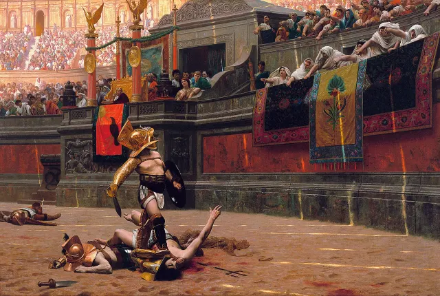 Un tableau d'ar&egrave;ne : au centre un gladiateur casqu&eacute; d'or, debout, le pied pos&eacute; sur la gorge d'un adversaire renvers&eacute; qui l&egrave;ve la main vers les gradins pour demander gr&acirc;ce. Au premier plan deux corps &agrave; terre. Sur le podium, des femmes en voile blanc se penchent par-dessus les tentures et tendent le poing, le pouce retourn&eacute; vers le bas ; derri&egrave;re elles, les gradins montent pleins jusqu'en haut.